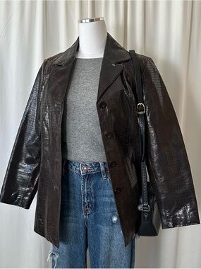 Croc-Embossed Leather Jacket - Dark Brown